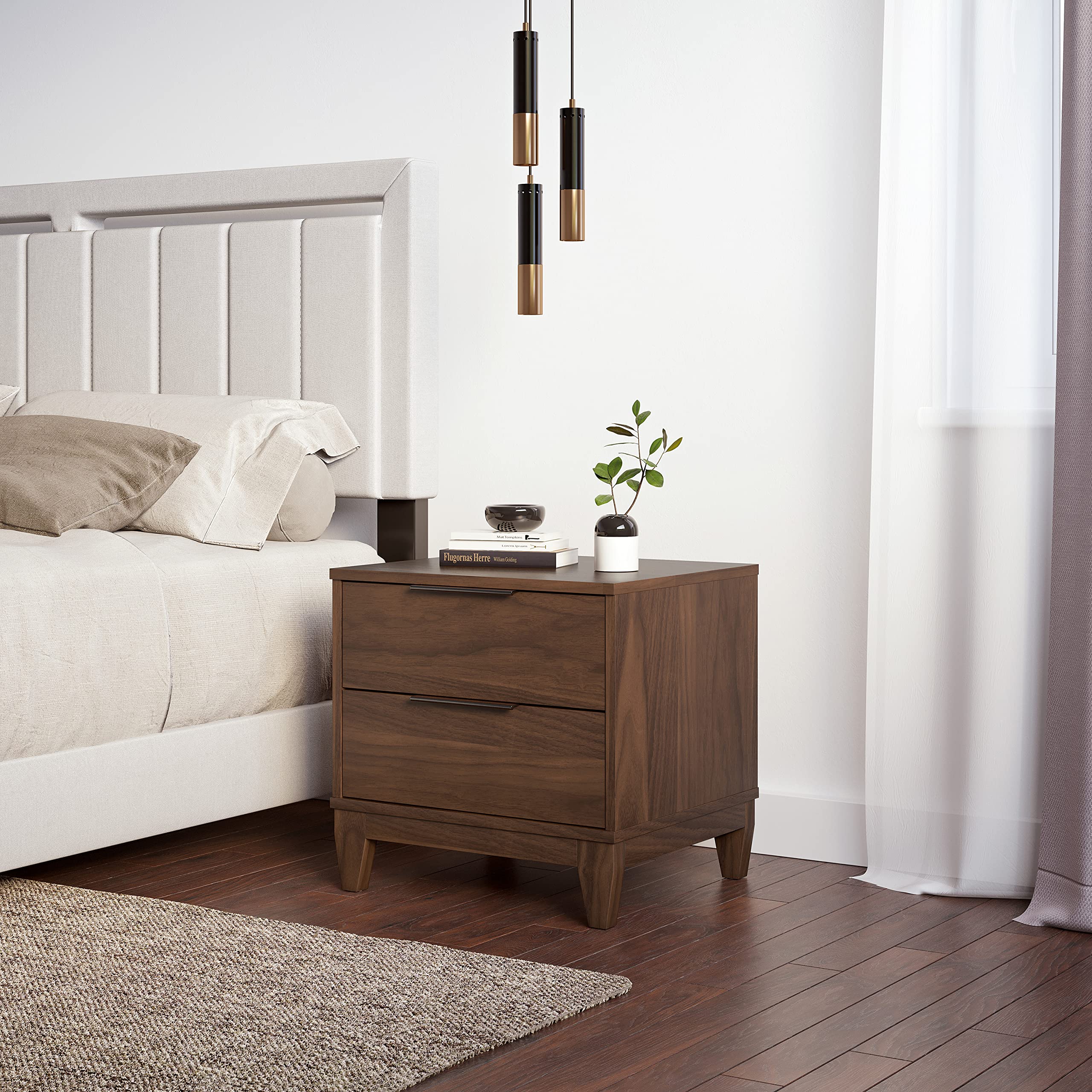 Boyd Sleep Bedroom Nightstand Bedside Table: Mackay Two Drawer Storage With Leg Base, Walnut